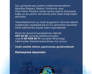 Serdivan Belediyesi’nden Dolandırıcılık Girişimlerine Karşı Uyarı