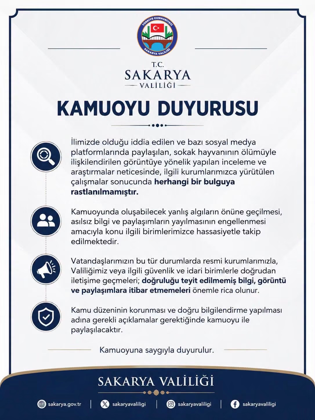 Sakarya Valiliği’nden Kamuoyuna Açıklama: İddialarla İlgili Herhangi Bir Bulguyla Karşılaşılmadı